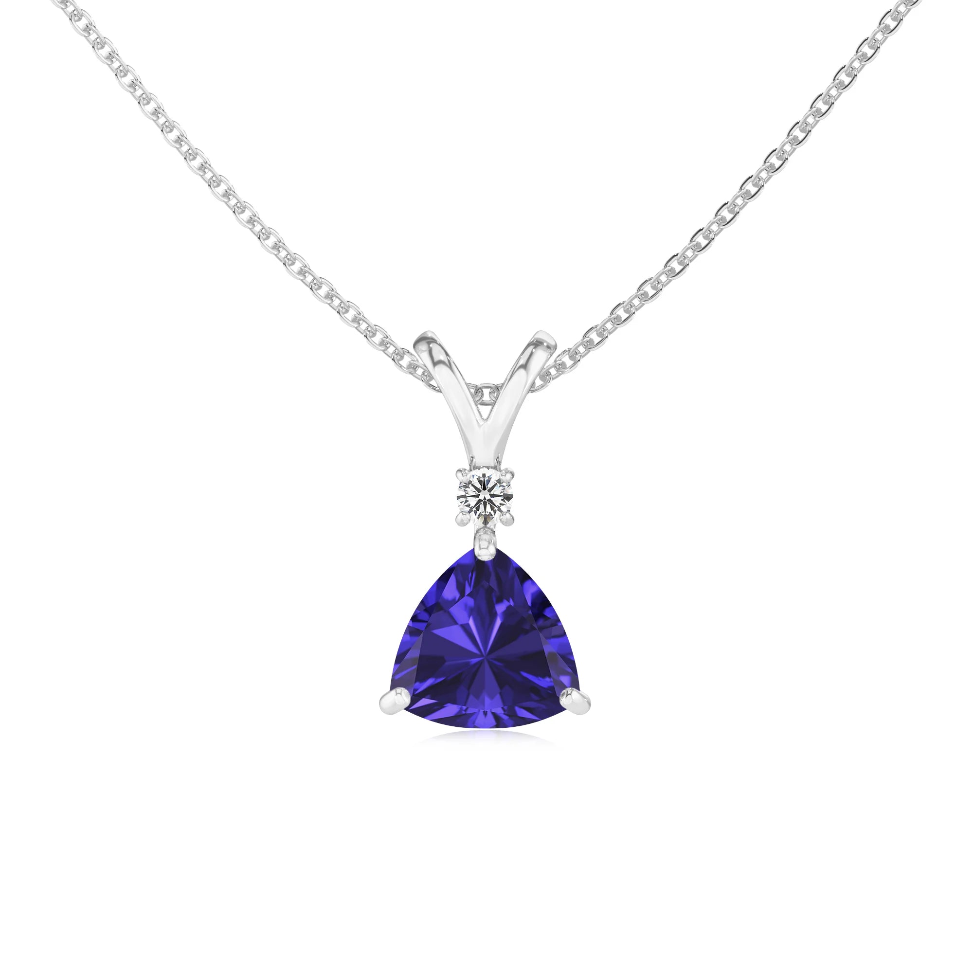 lab grown tanzanite trillion solitaire v-bale necklaces in platinum
