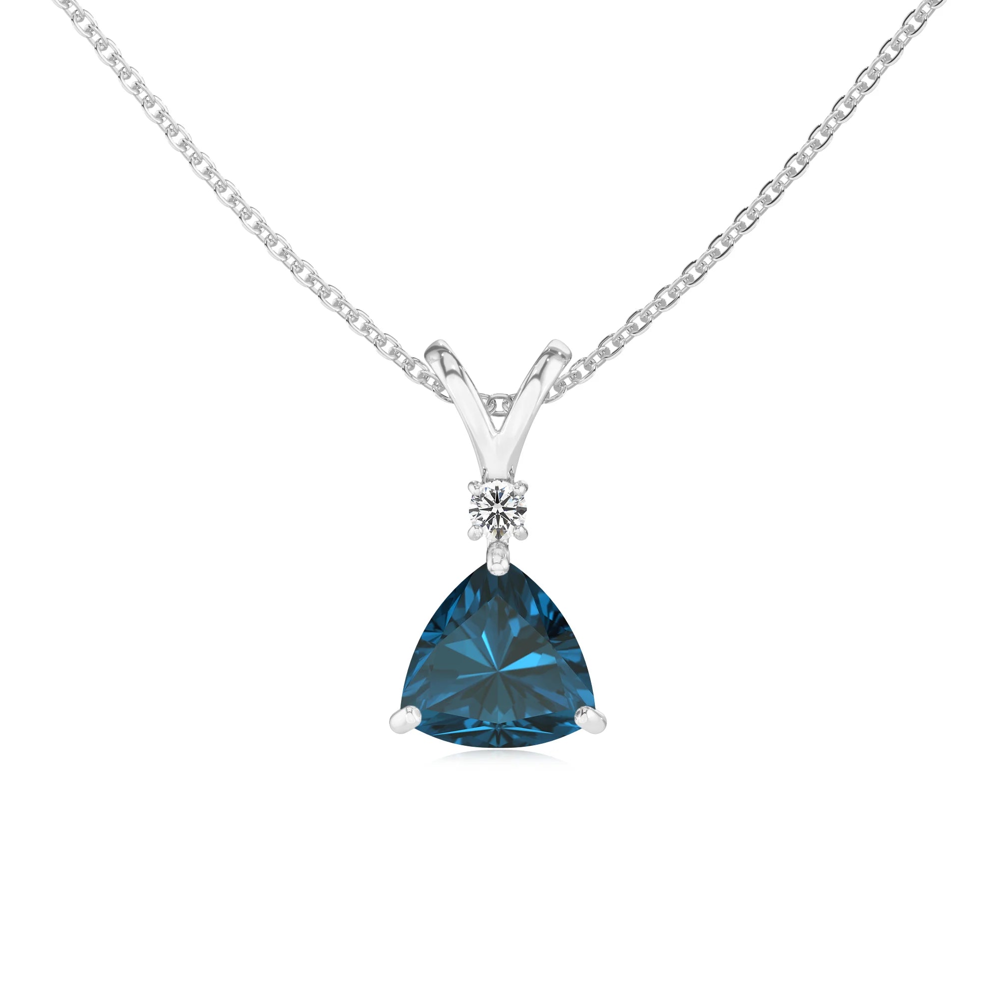 natural london-blue-topaz trillion solitaire v-bale necklaces in platinum