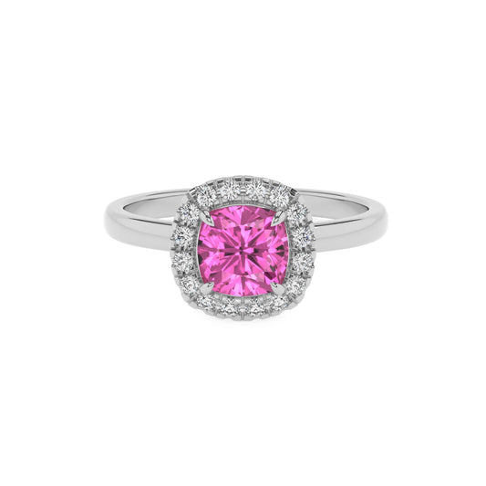 lab grown pink-sapphire cushion solitaire rings in sterling silver