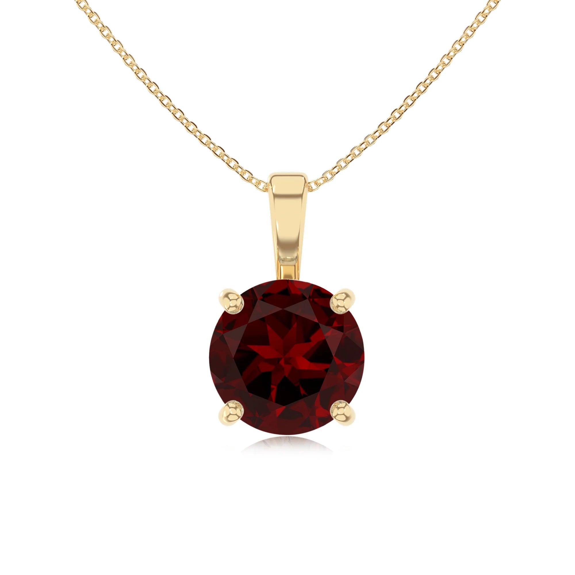 natural garnet round solitaire necklaces in yellow gold