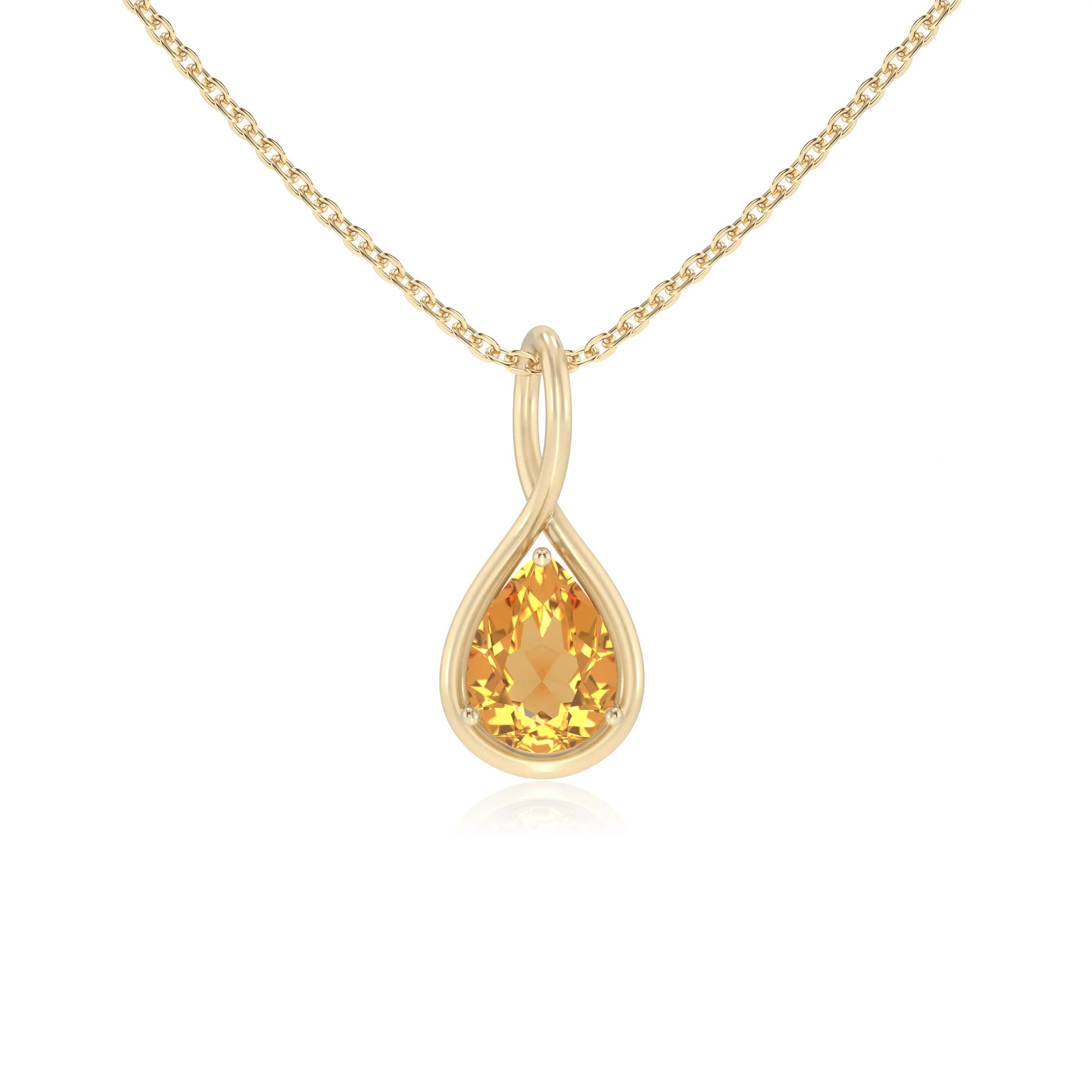 lab grown citrine pear solitaire necklaces in yellow gold
