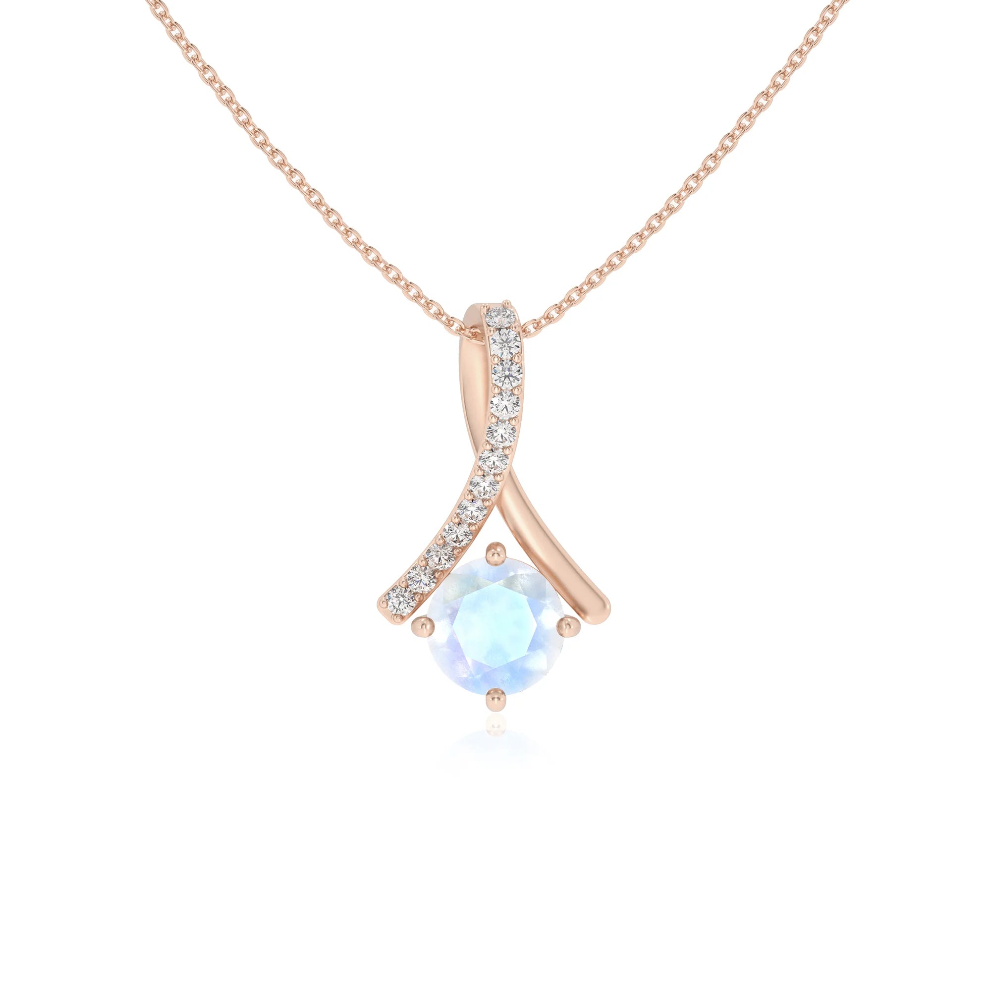 natural rainbow-moonstone round solitaire necklaces in rose gold
