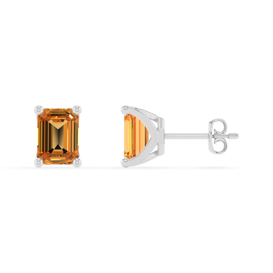 lab grown citrine emerald cut stud earrings in sterling silver