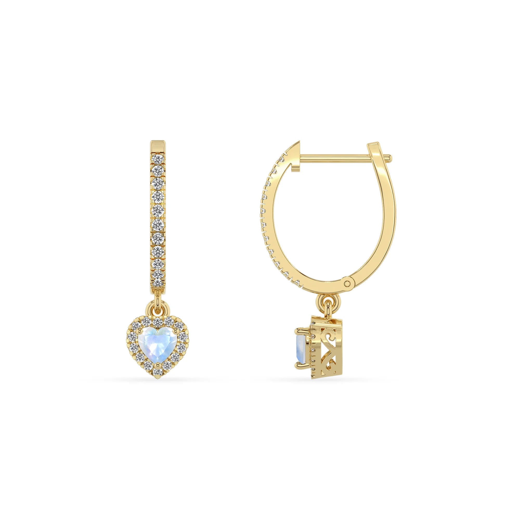 natural rainbow moonstone heart drop earrings in yellow gold