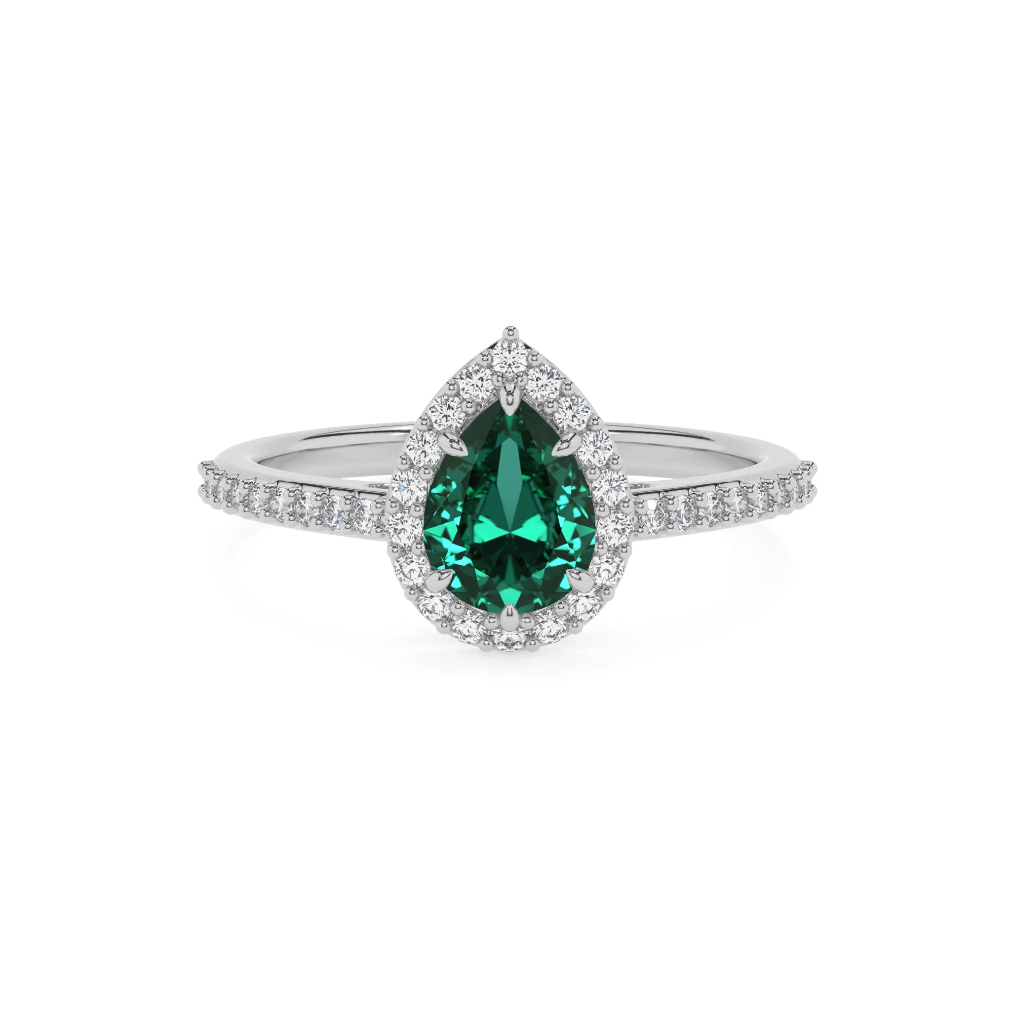 lab grown emerald pear solitaire rings in sterling silver
