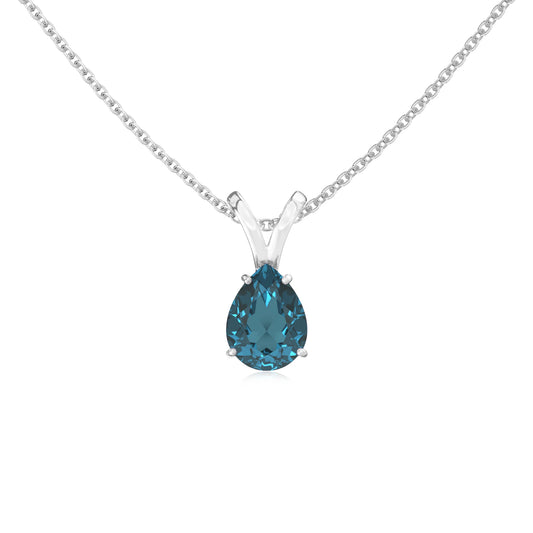 natural london-blue-topaz pear solitaire v-bale necklaces in platinum