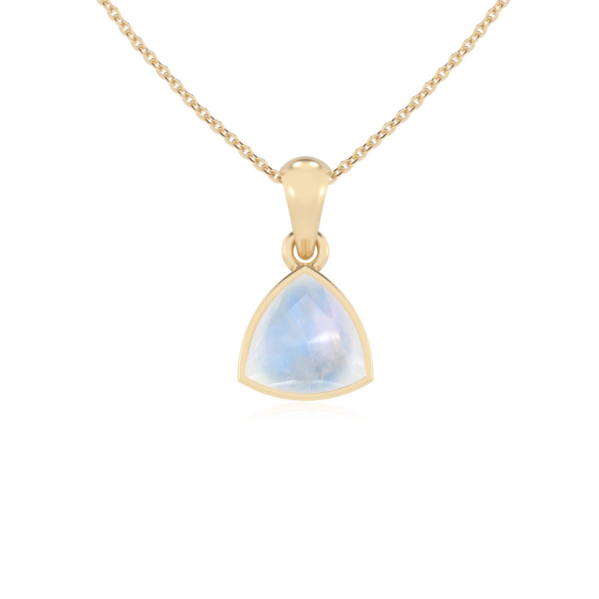 natural rainbow-moonstone trillion solitaire necklaces in yellow gold