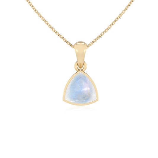 natural rainbow-moonstone trillion solitaire necklaces in yellow gold