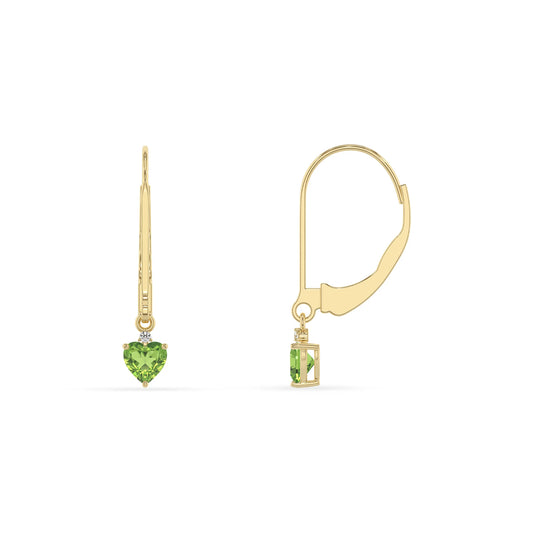 natural peridot heart drop earrings in yellow gold