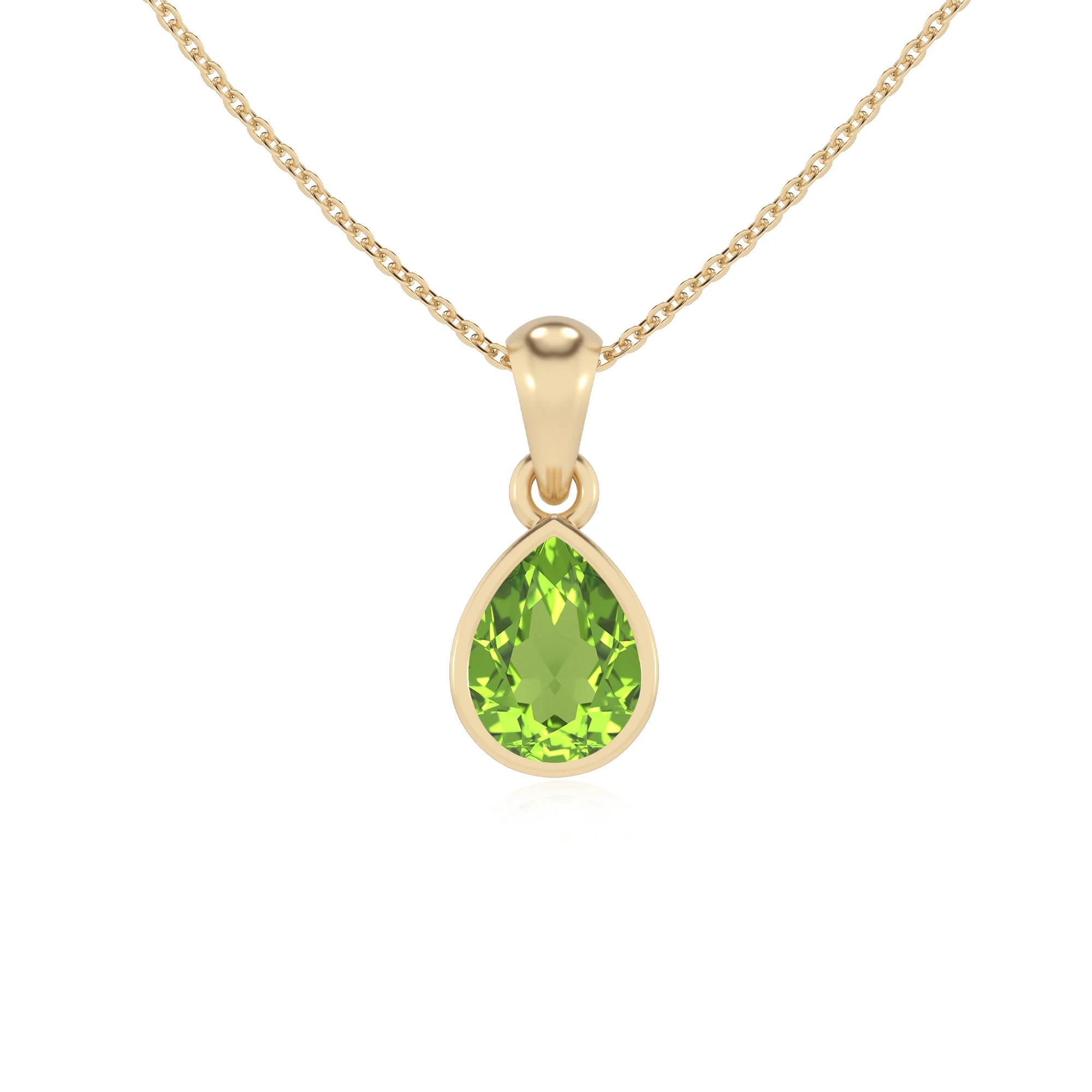 natural peridot pear solitaire necklaces in yellow gold