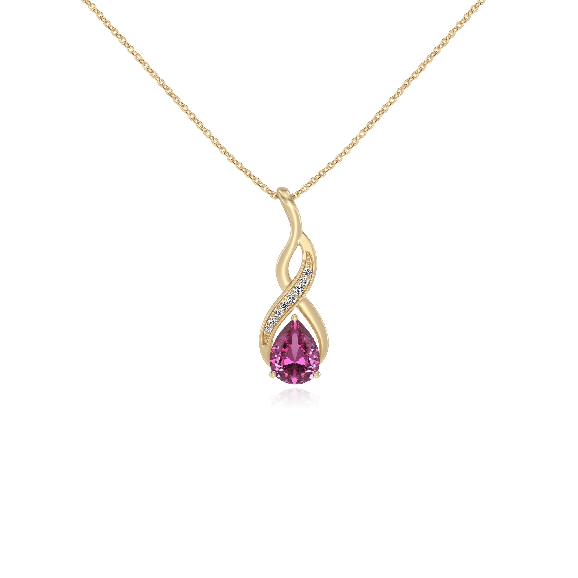 lab grown pink-sapphire pear solitaire necklaces in yellow gold