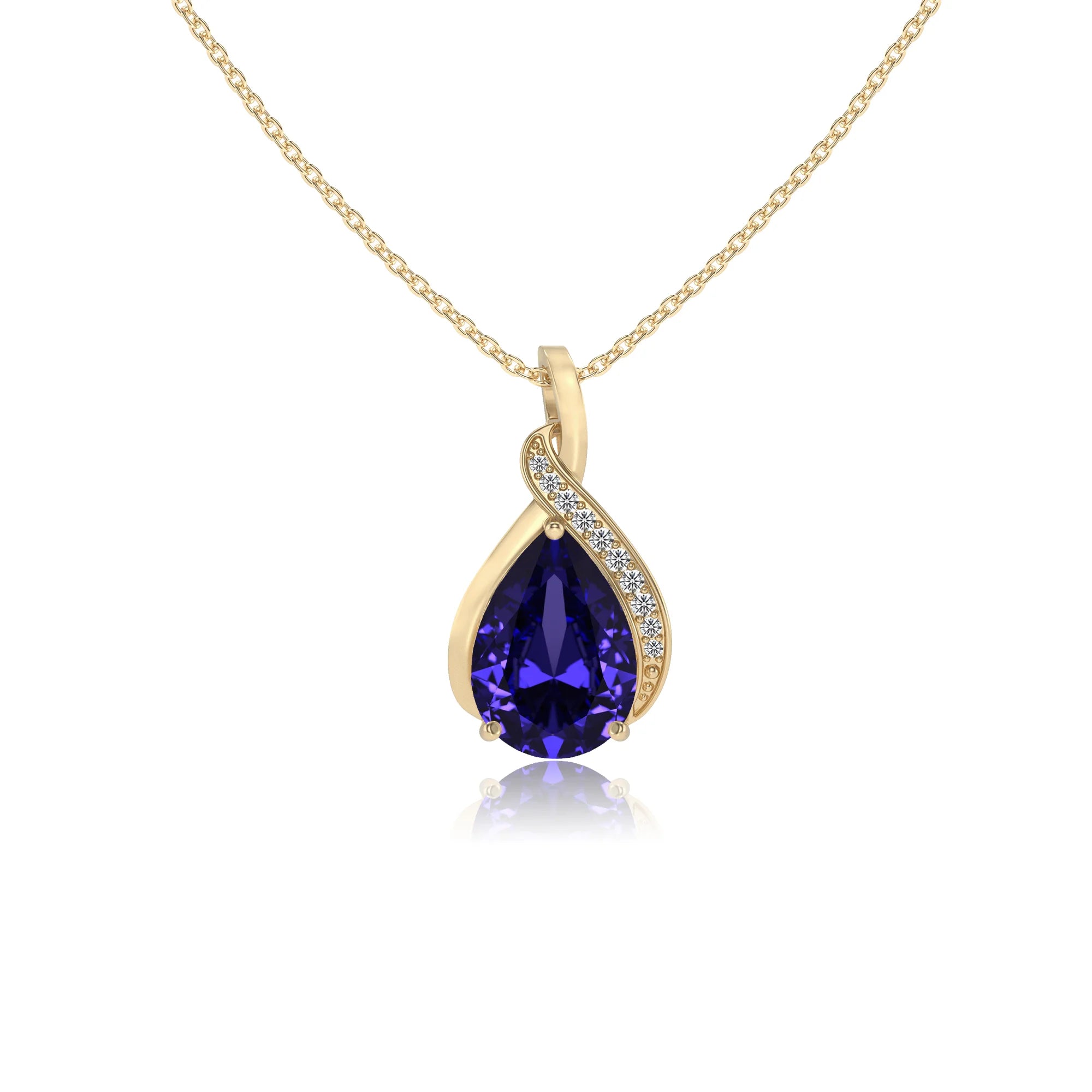 lab grown tanzanite pear solitaire necklaces in yellow gold