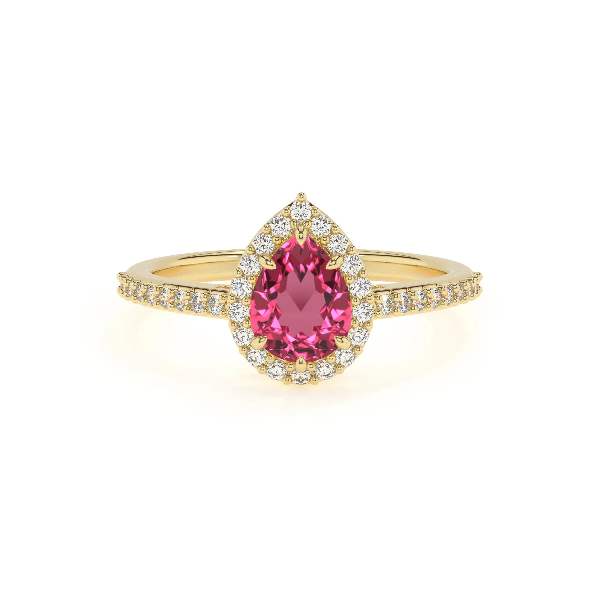 lab grown pink-tourmaline pear solitaire rings in yellow gold