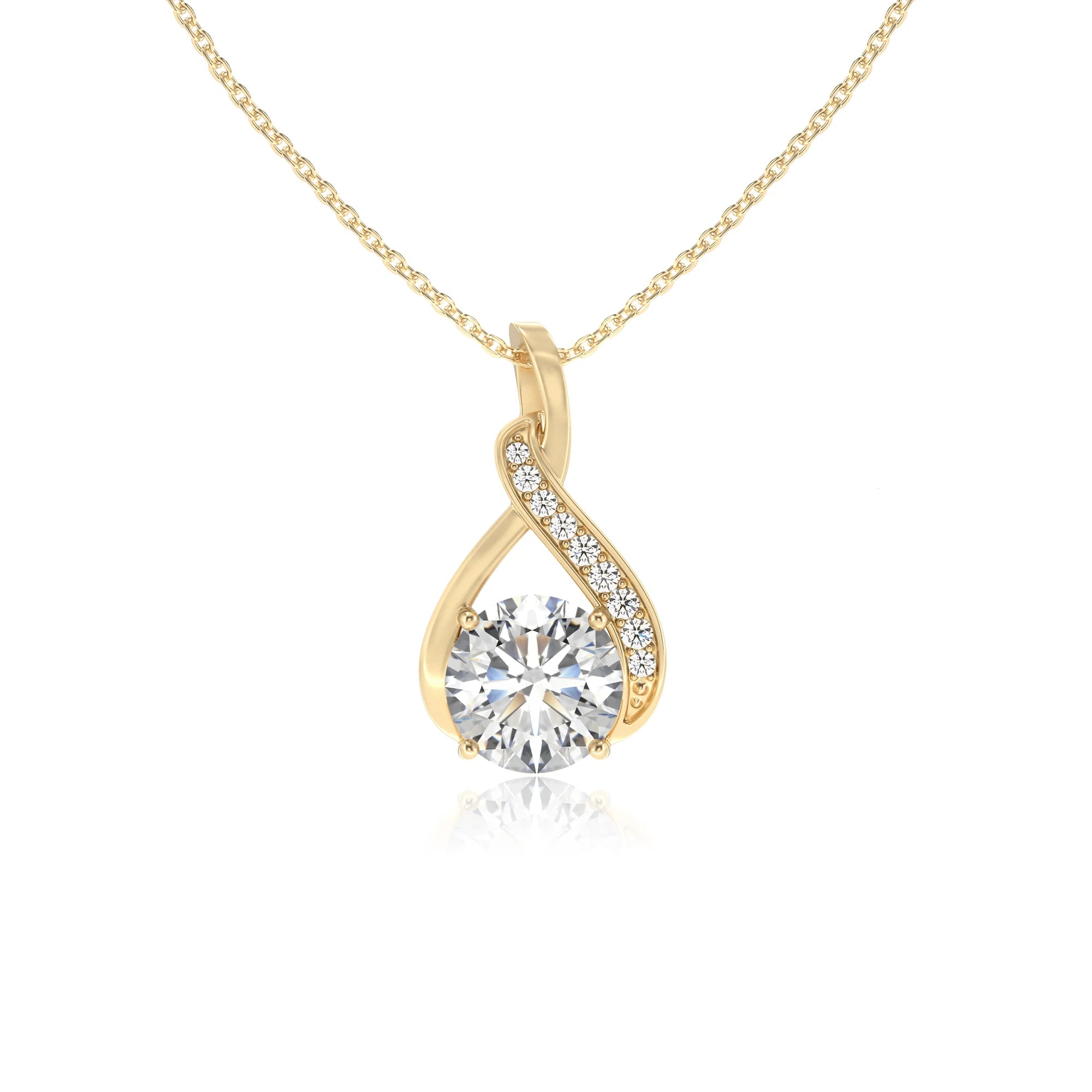 lab grown moissanite round solitaire necklaces in yellow gold