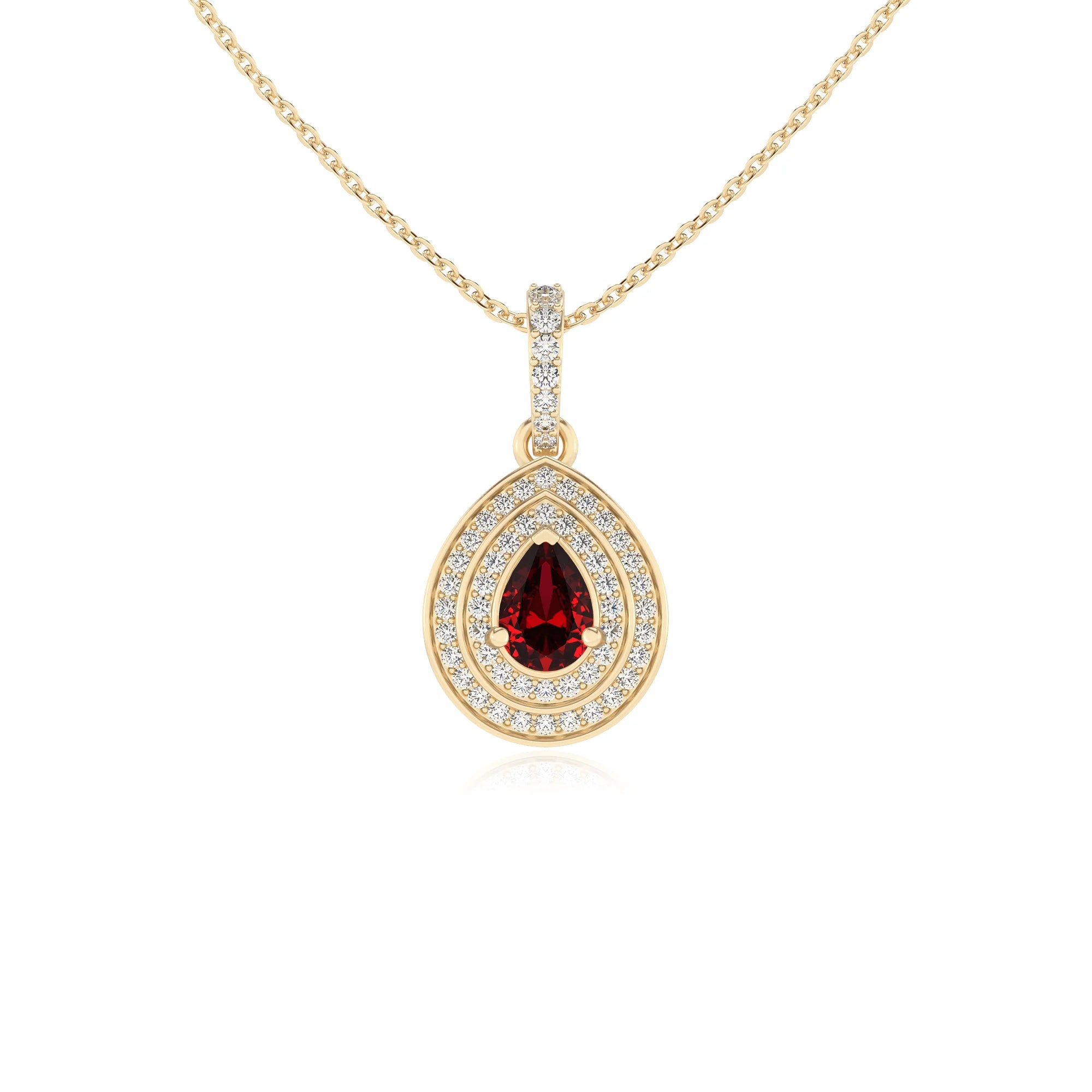 lab grown ruby pear halo necklaces in yellow gold