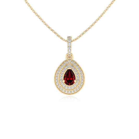 lab grown ruby pear halo necklaces in yellow gold
