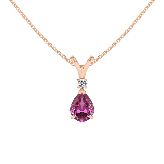 lab grown pink-sapphire pear solitaire v-bale necklaces in rose gold