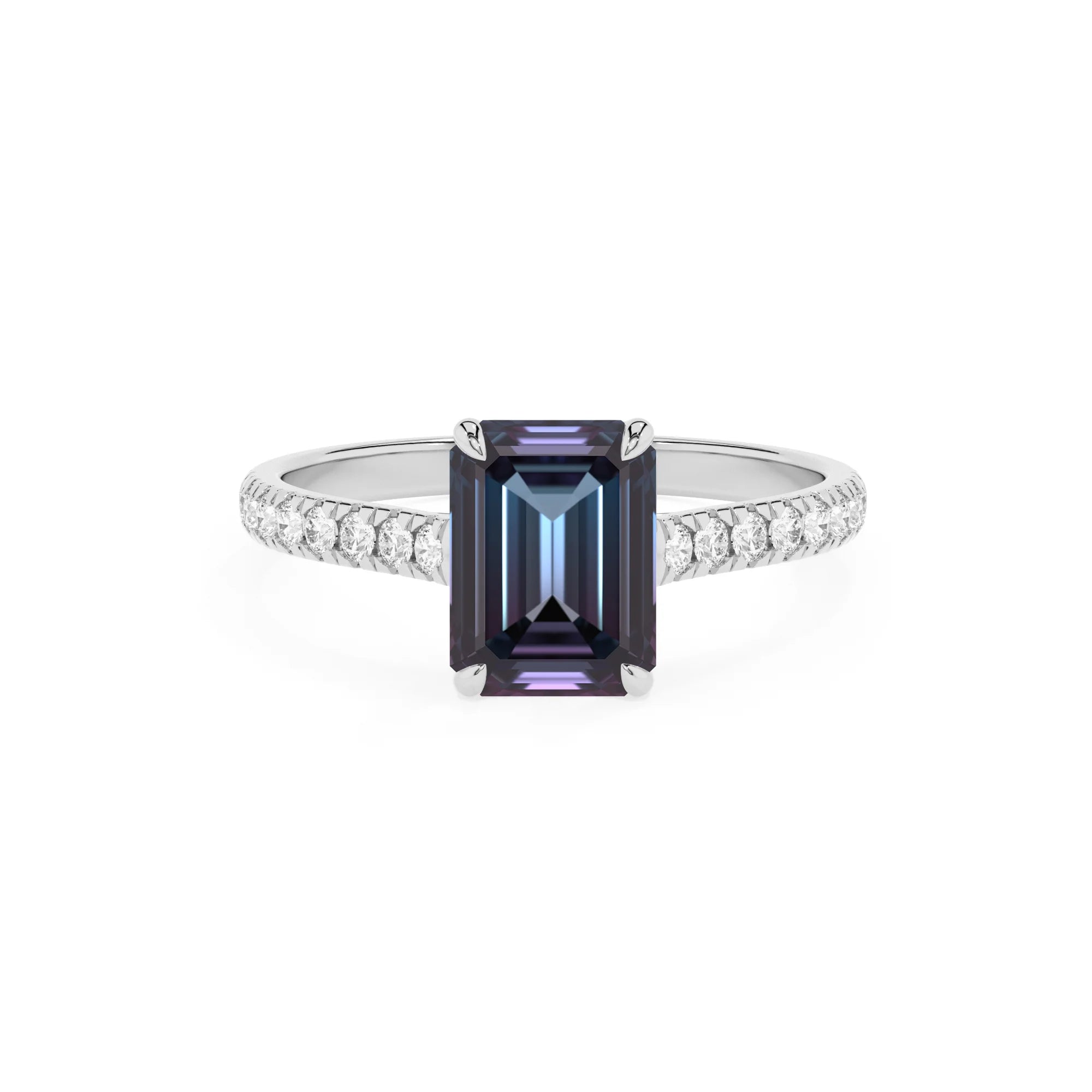 lab grown alexandrite emerald cut half eternity solitaire engagement rings in white gold