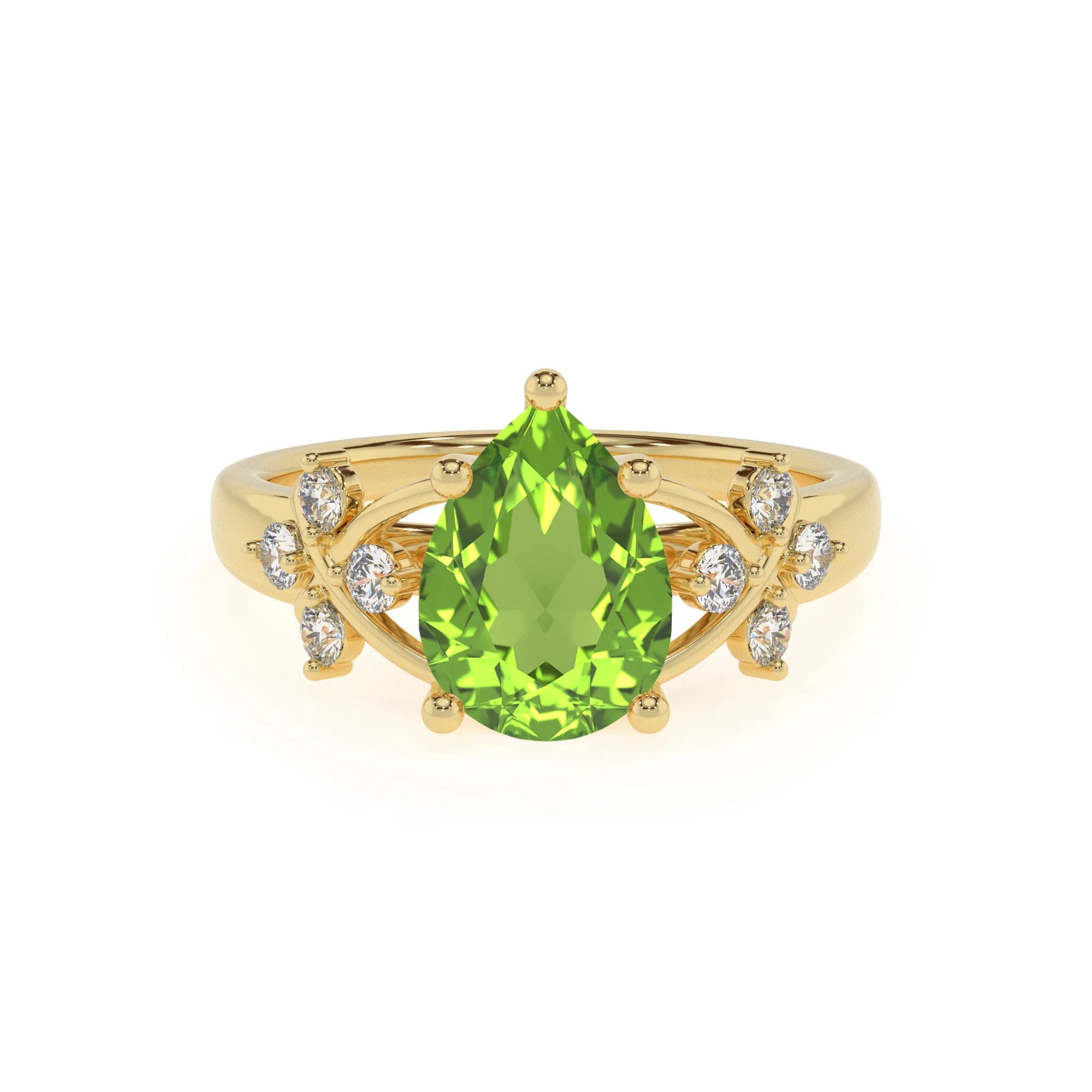 natural peridot pear solitaire rings in yellow gold