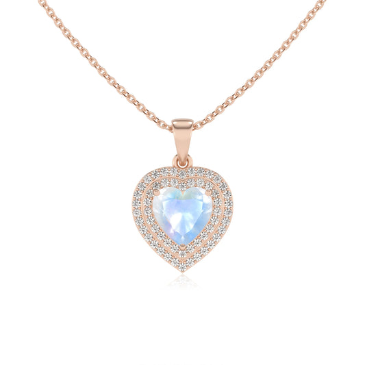 natural rainbow moonstone heart halo necklaces in rose gold