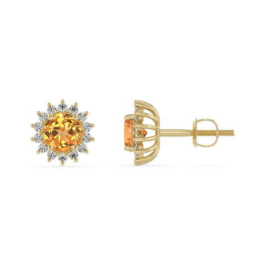 lab grown citrine round stud earrings in yellow gold