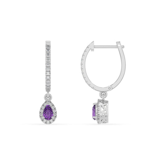 lab grown amethyst pear drop earrings in white gold