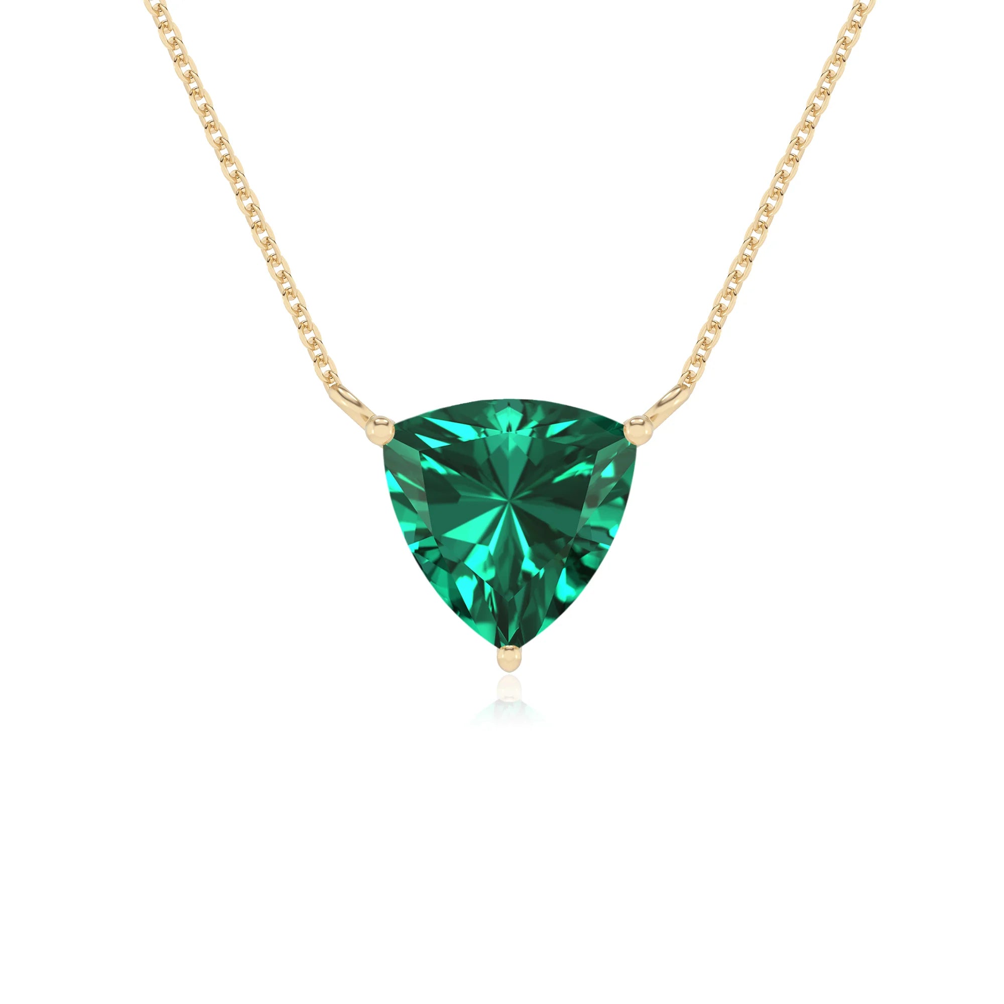 lab grown emerald trillion solitaire necklaces in yellow gold