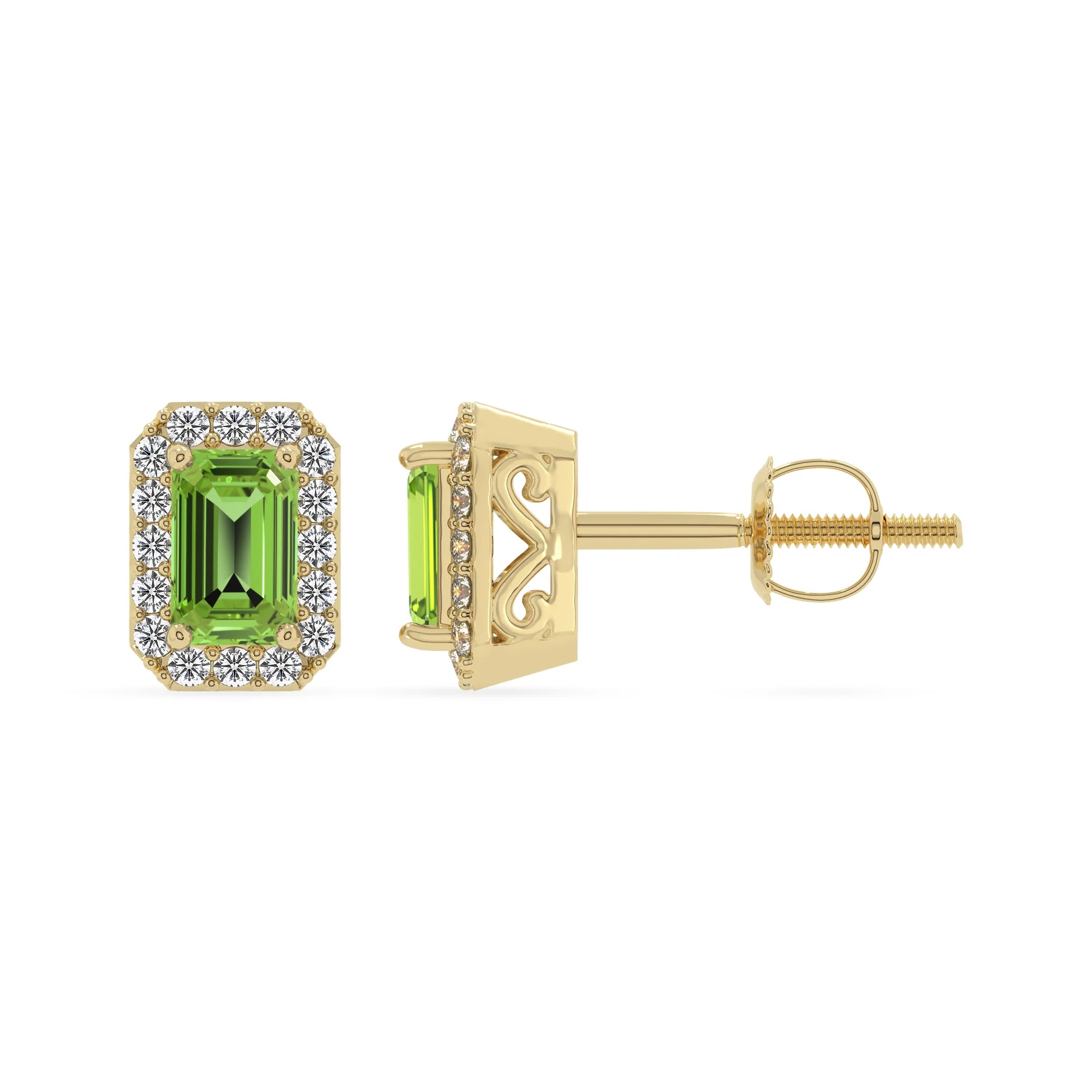 natural peridot emerald cut stud earrings in yellow gold