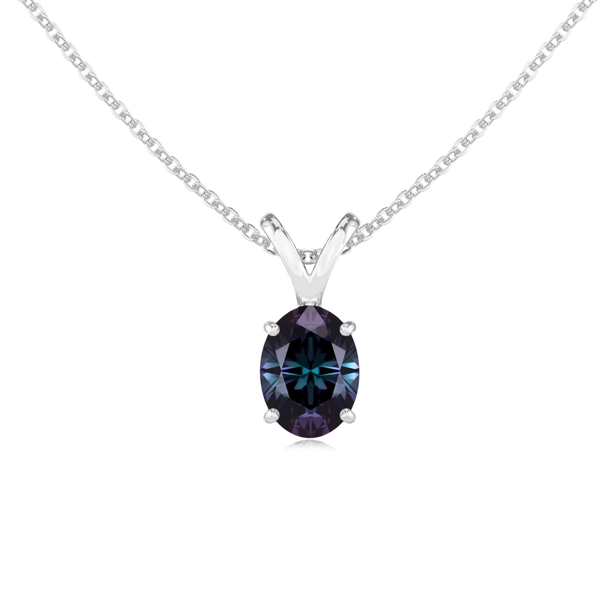 lab grown alexandrite oval solitaire v-bale necklaces in white gold