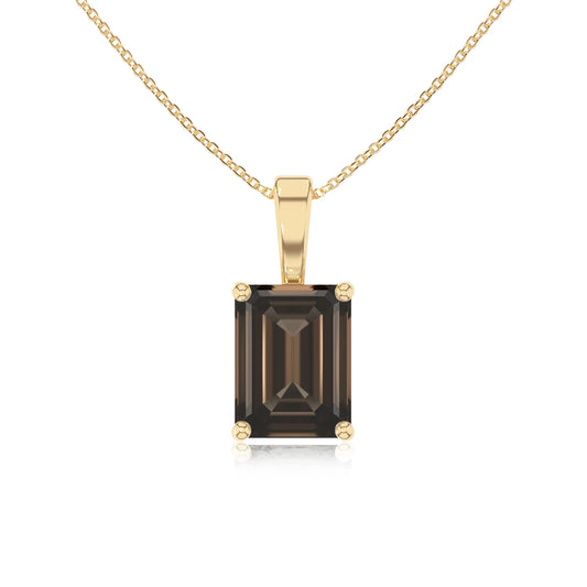natural smoky-quartz emerald cut solitaire necklaces in yellow gold