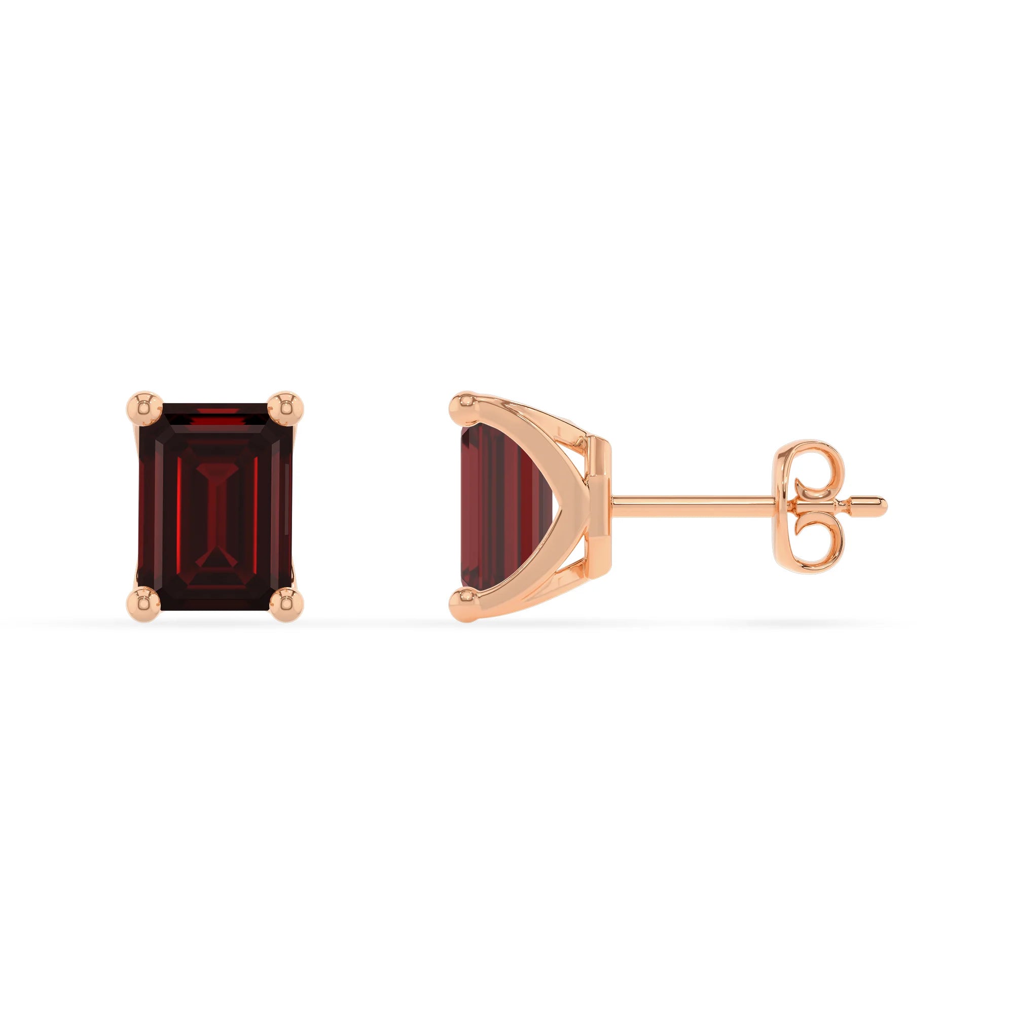 natural garnet emerald cut stud earrings in rose gold