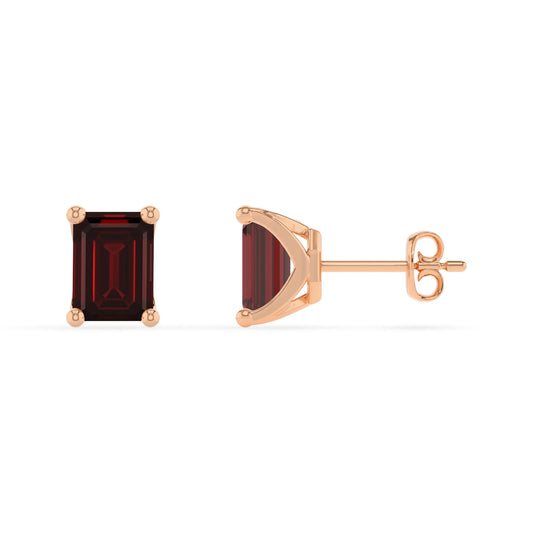 natural garnet emerald cut stud earrings in rose gold