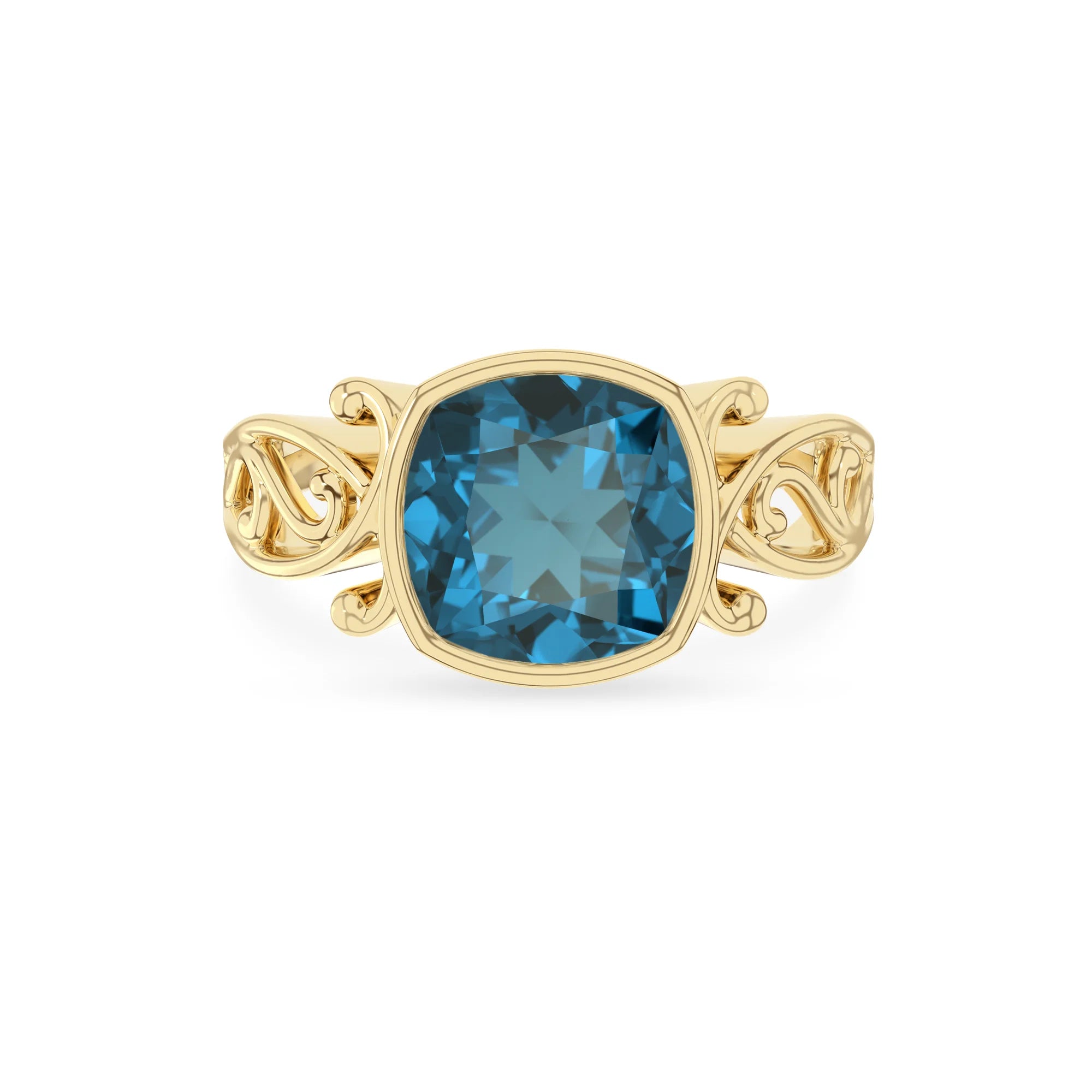 natural london-blue-topaz cushion solitaire rings in yellow gold