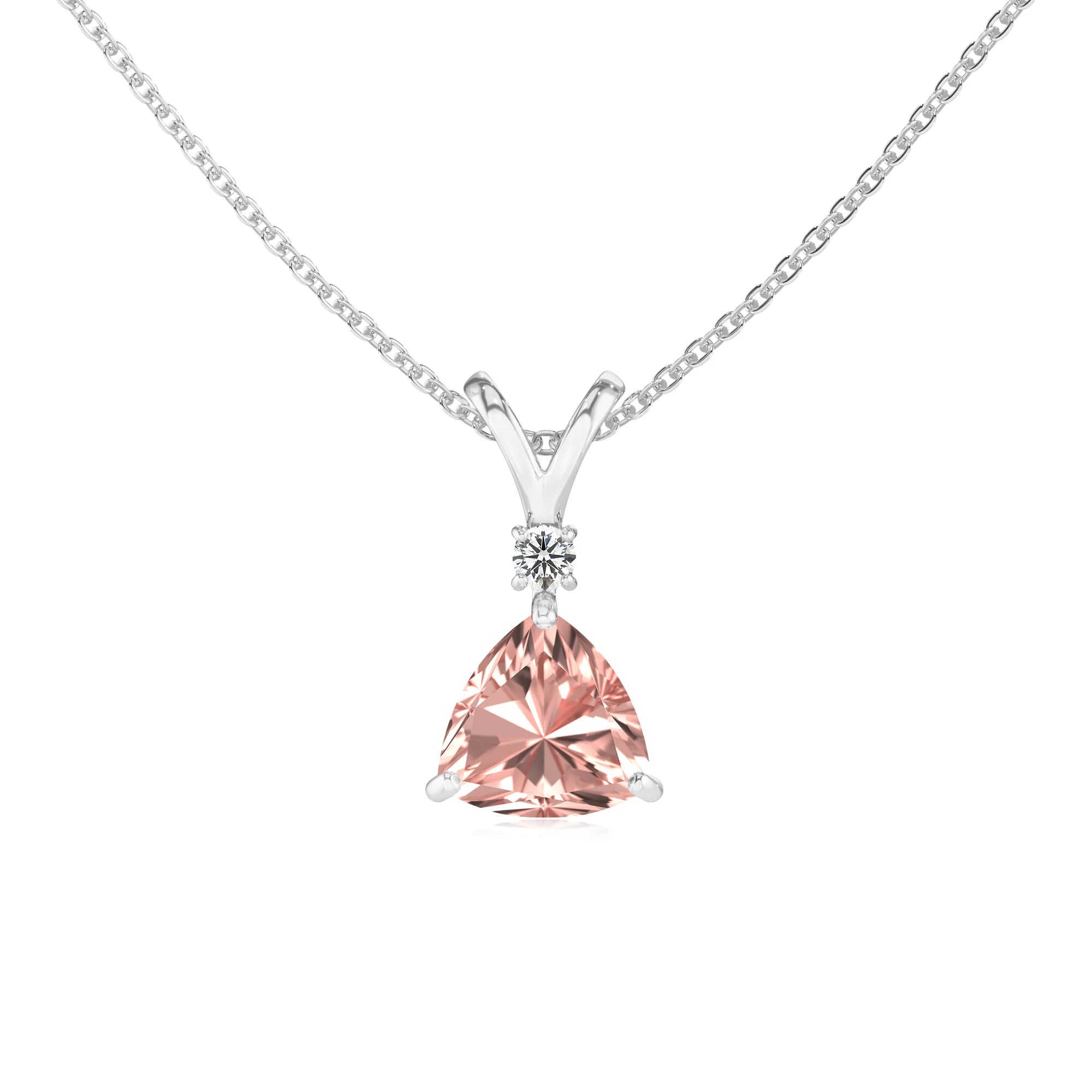 lab grown morganite trillion solitaire v-bale necklaces in sterling silver