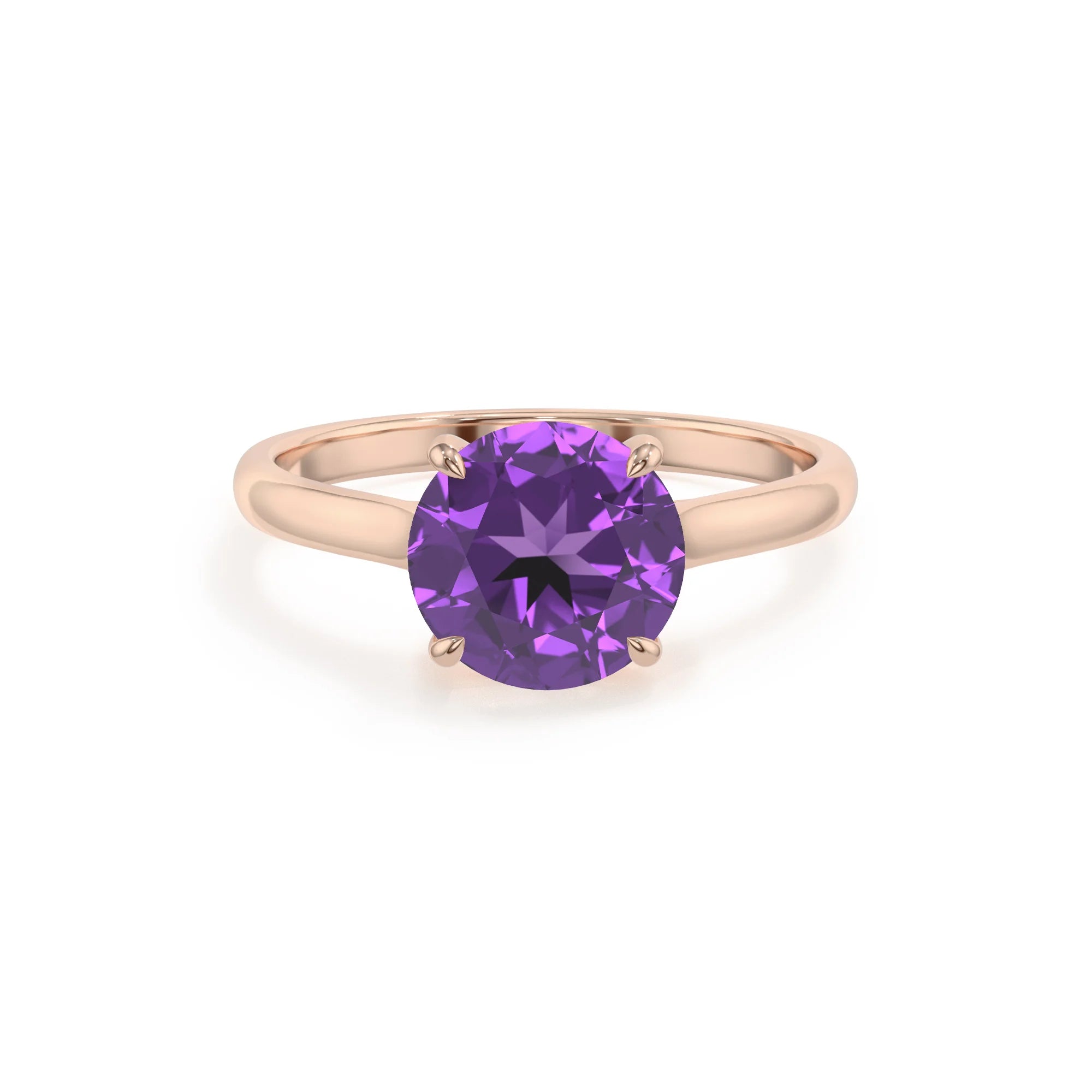 lab grown amethyst round solitaire rings in rose gold