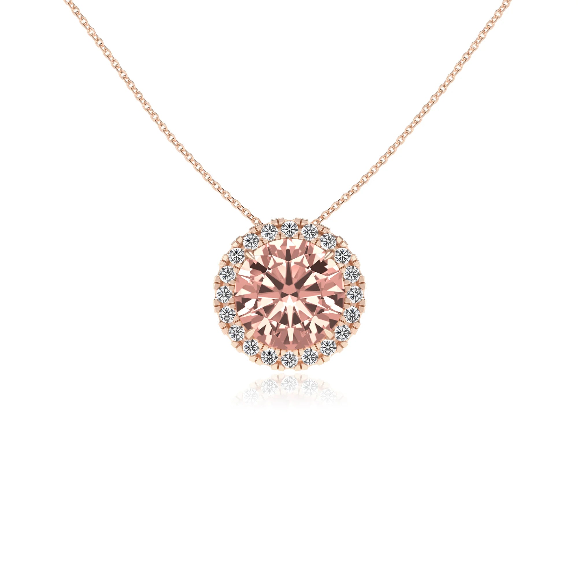 lab grown morganite round solitaire necklaces in rose gold