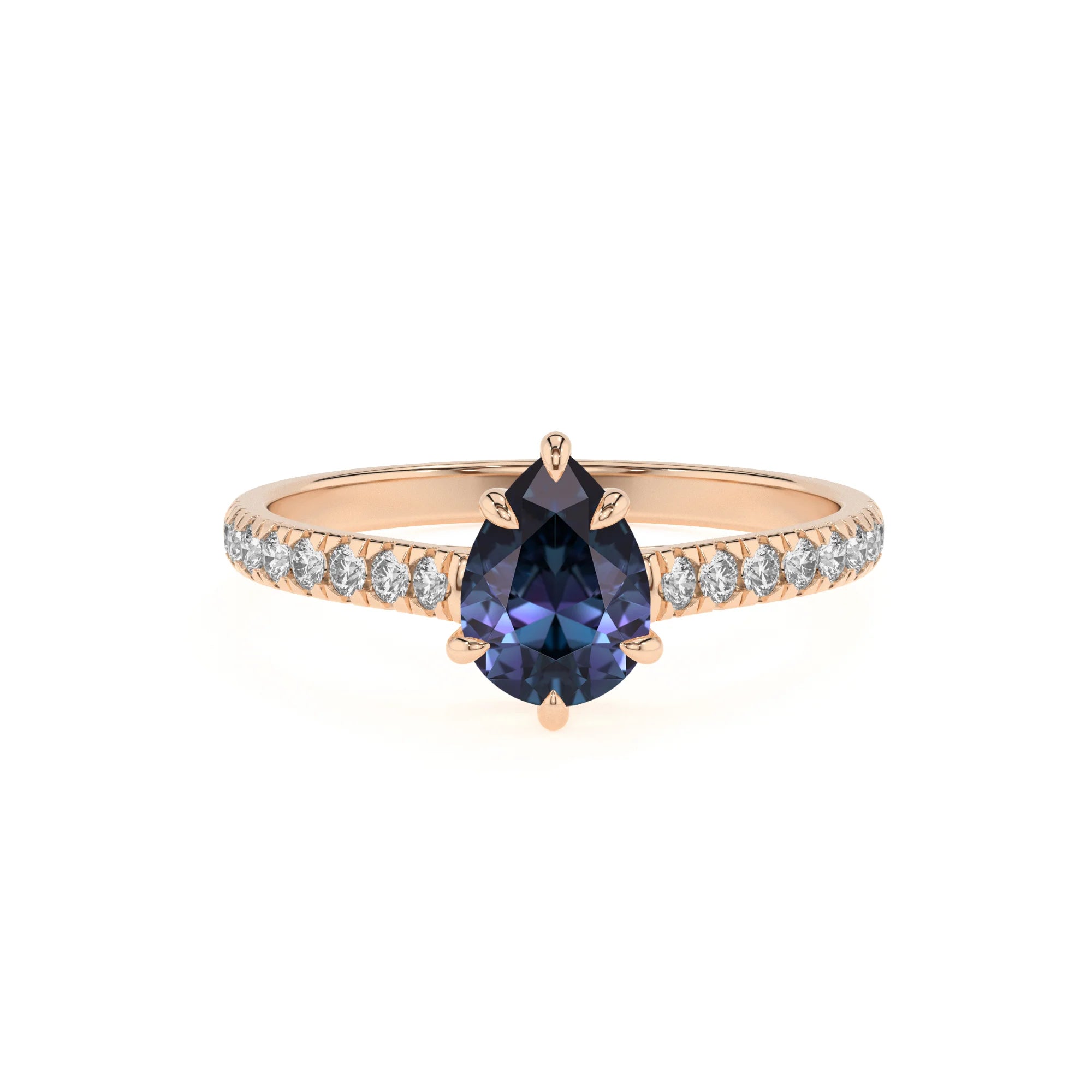 lab grown alexandrite pear half eternity solitaire engagement rings in rose gold