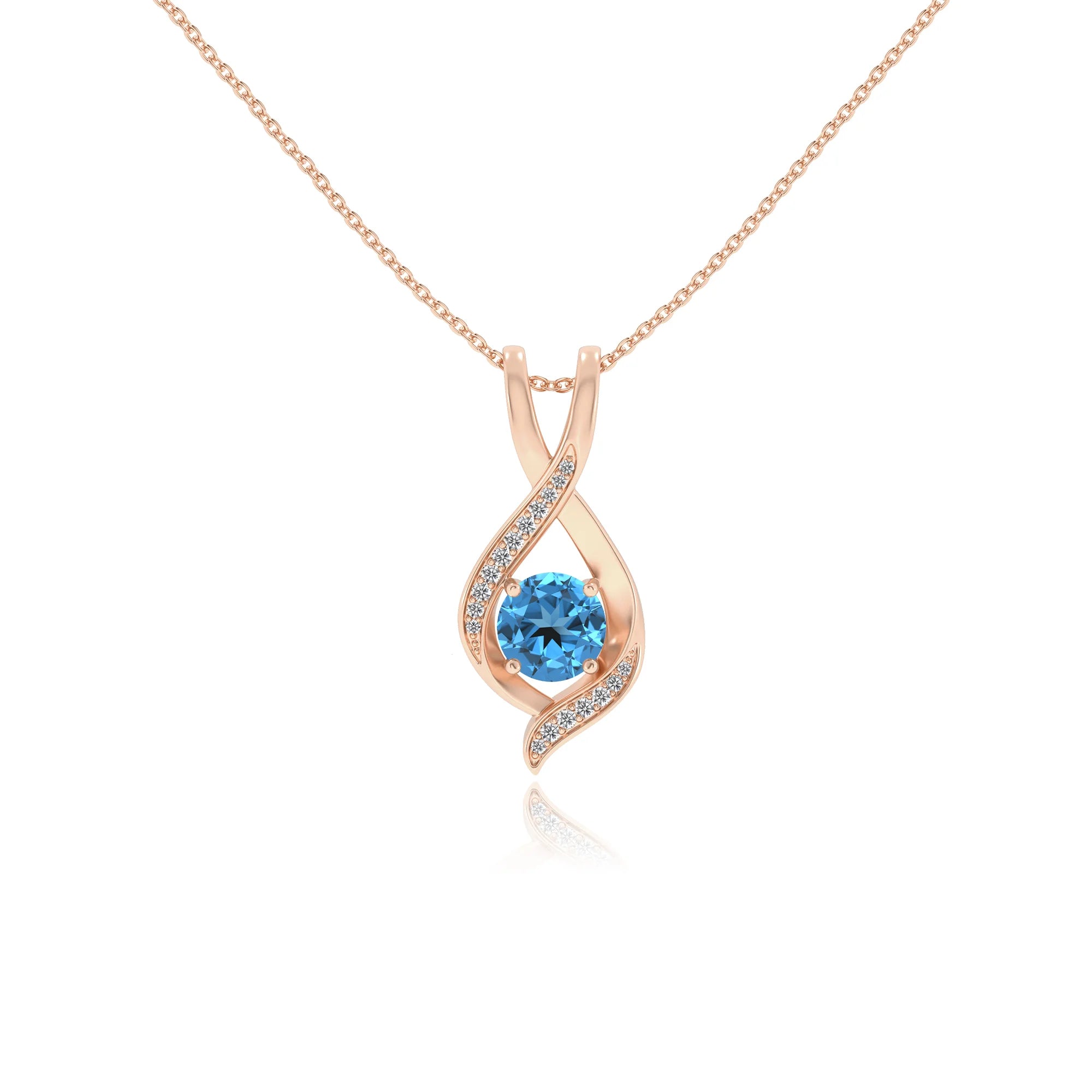 natural swiss-blue-topaz round solitaire necklaces in rose gold