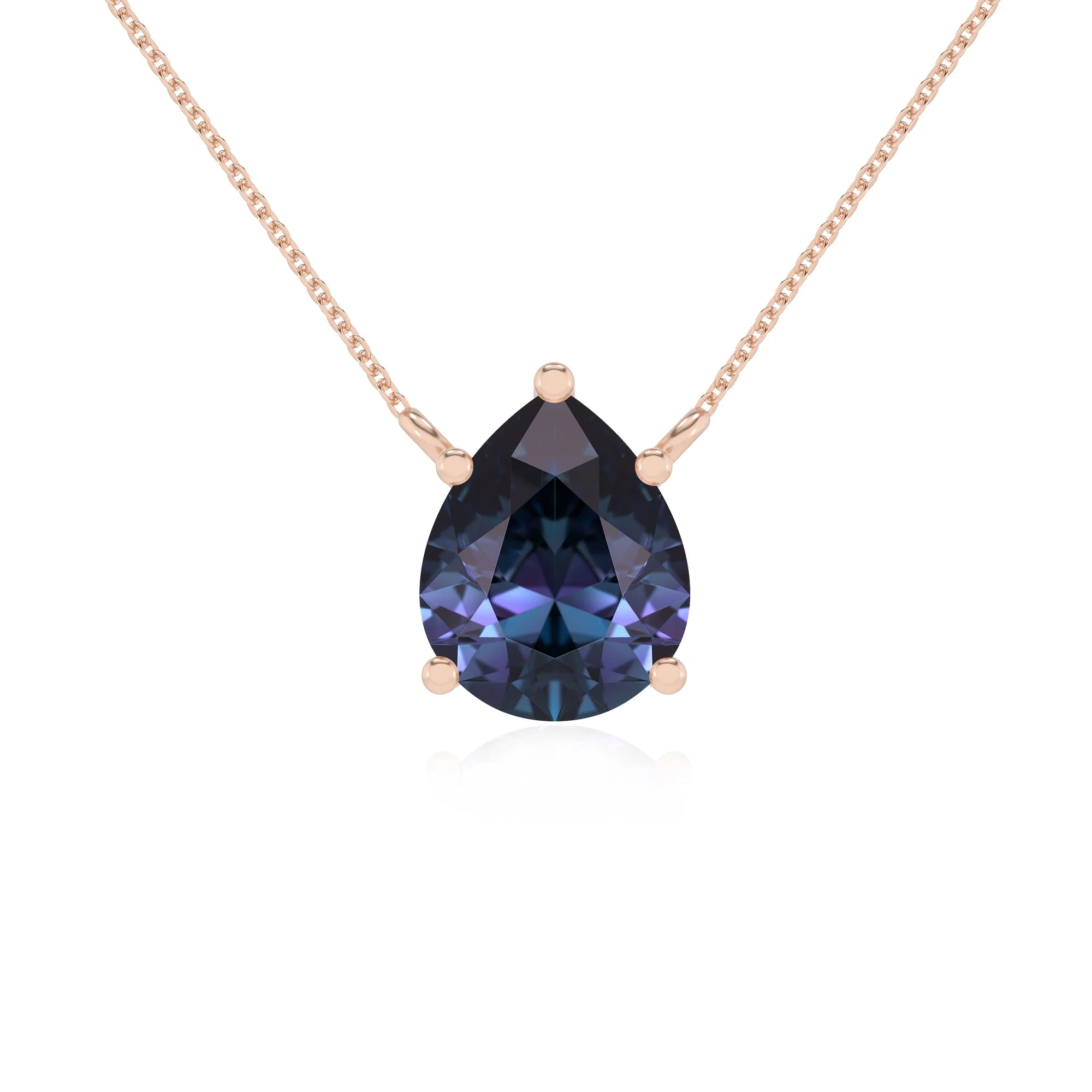 lab grown alexandrite pear solitaire necklaces in rose gold