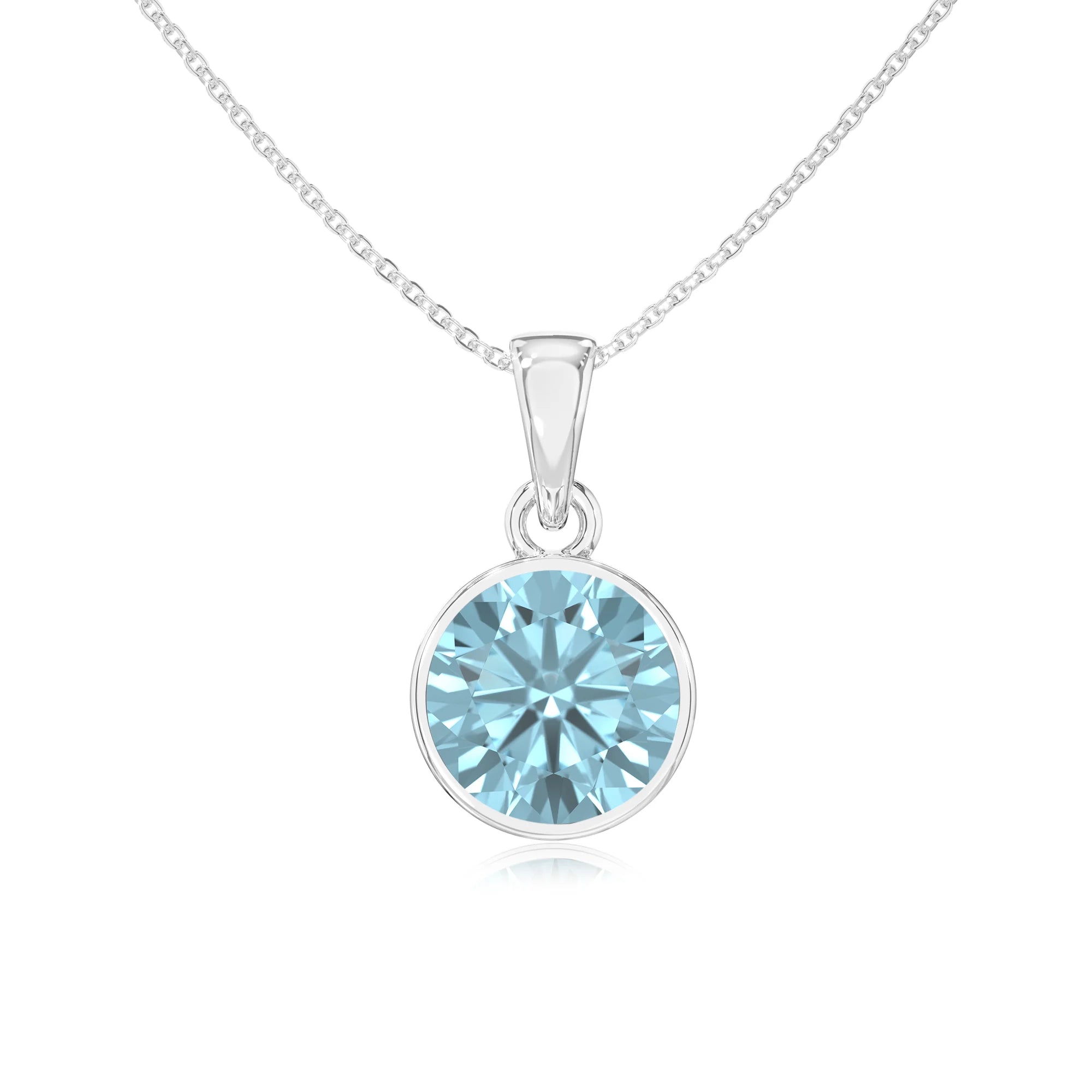 lab grown aquamarine round solitaire necklaces in platinum