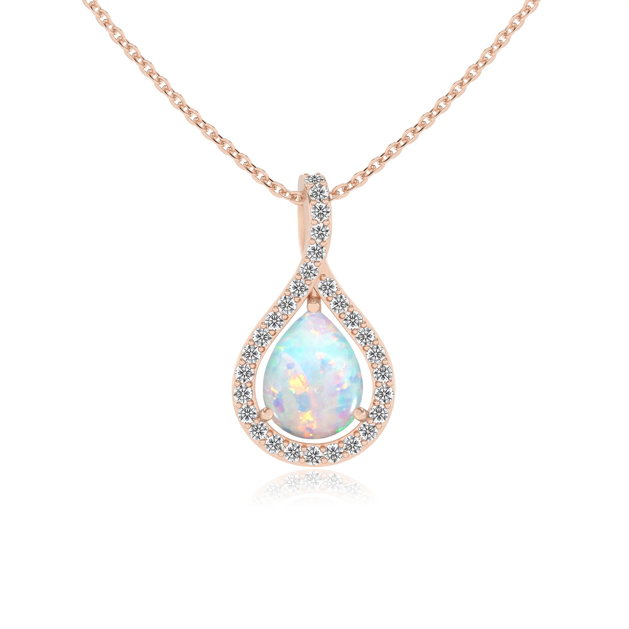lab grown opal pear solitaire necklaces in rose gold