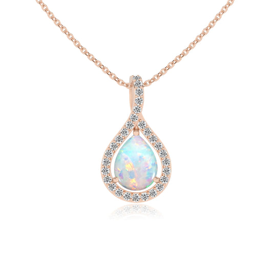 lab grown opal pear solitaire necklaces in rose gold