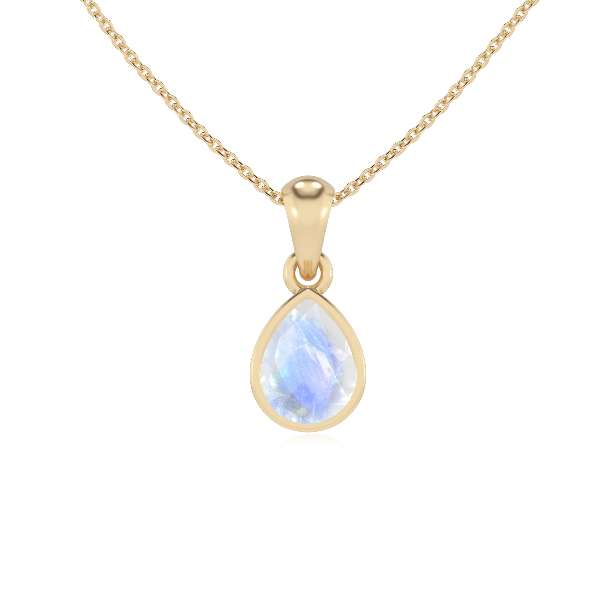 natural rainbow-moonstone pear solitaire necklaces in yellow gold
