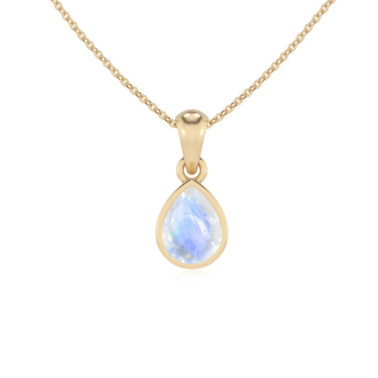 natural rainbow-moonstone pear solitaire necklaces in yellow gold