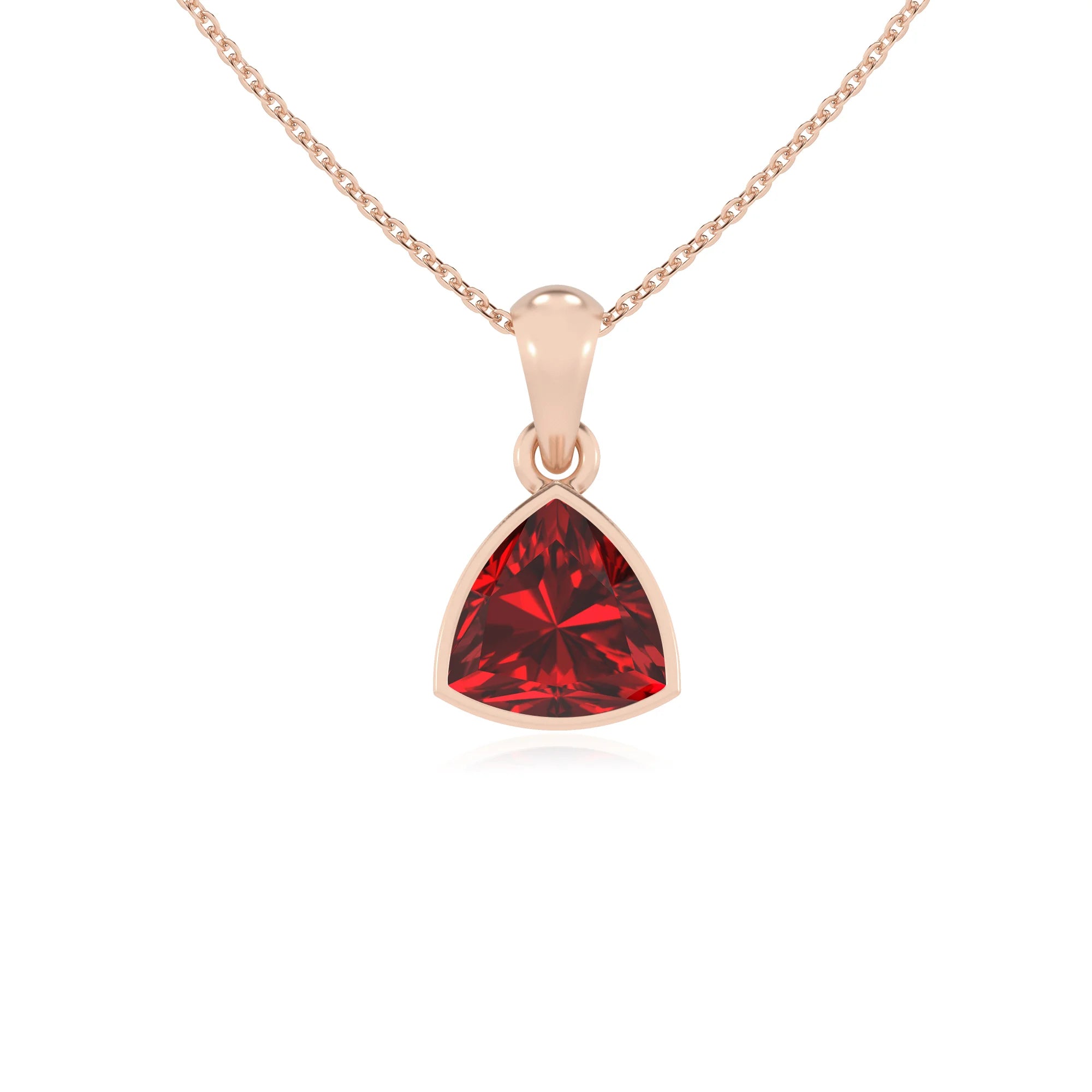 lab grown ruby trillion solitaire necklaces in rose gold