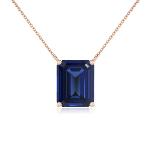 lab grown blue-sapphire emerald cut solitaire necklaces in rose gold