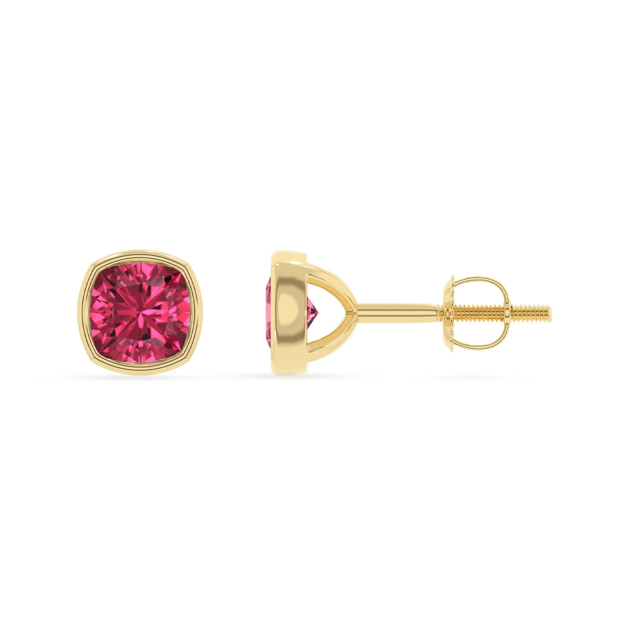 lab grown pink tourmaline cushion stud earrings in yellow gold