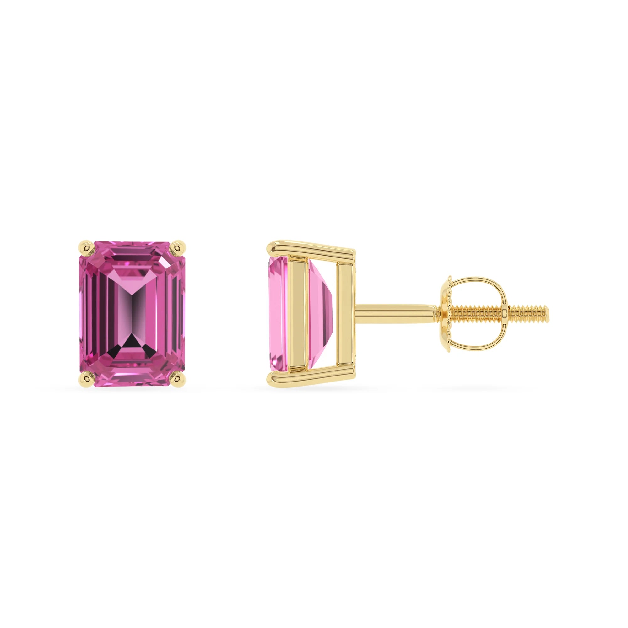 lab grown pink sapphire emerald cut stud earrings in yellow gold