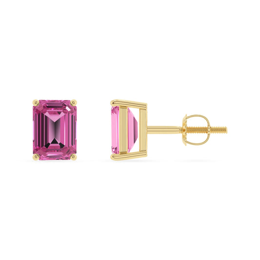 lab grown pink sapphire emerald cut stud earrings in yellow gold