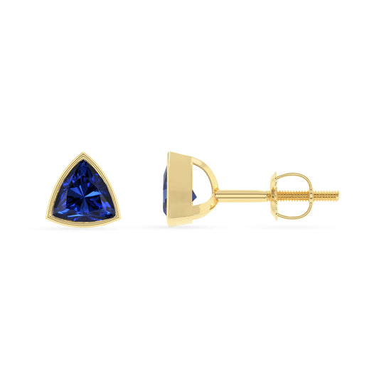 lab grown blue sapphire trillion stud earrings in yellow gold